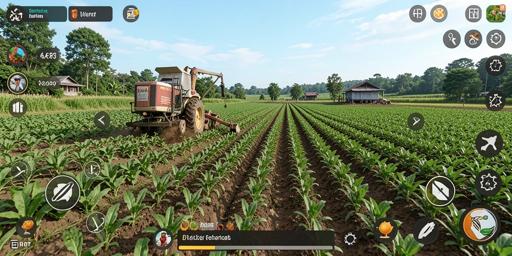 Tampilan gameplay <strong>6RT</strong> yang menunjukkan aktivitas bertani yang seru.