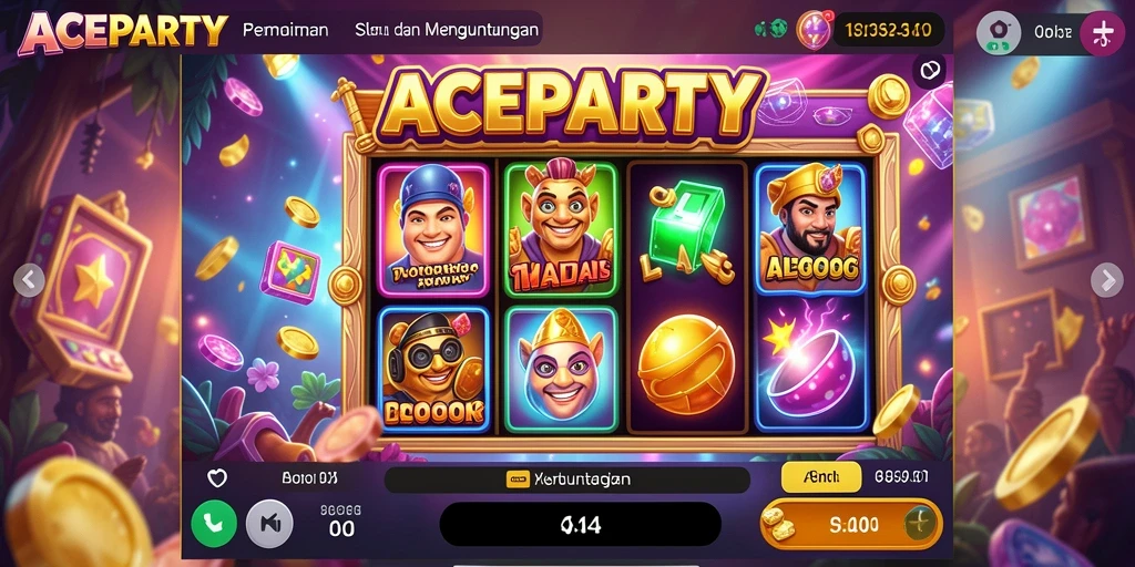 Tampilan gameplay menakjubkan ACEPARTY dengan gulungan berkilauan.