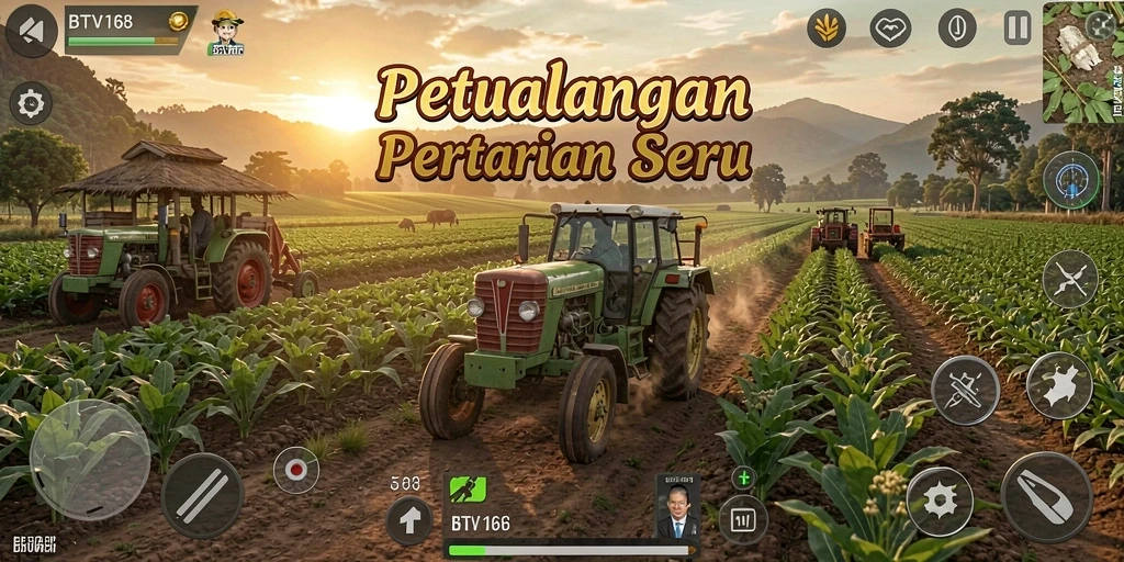 Tangkapan layar utama BTV168 menampilkan kebun yang subur dan aktivitas bertani.