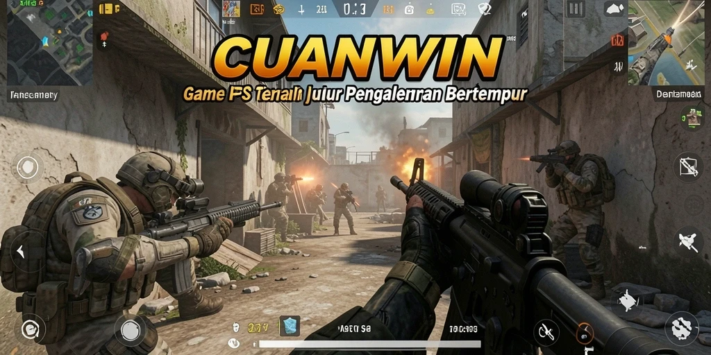 Tampilan utama CUANWIN dengan aksi pertempuran dari sudut pandang FPS.