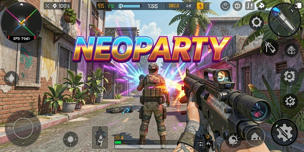 Tampilan gameplay NEOPARTY dengan aksi seru dan grafis menawan.